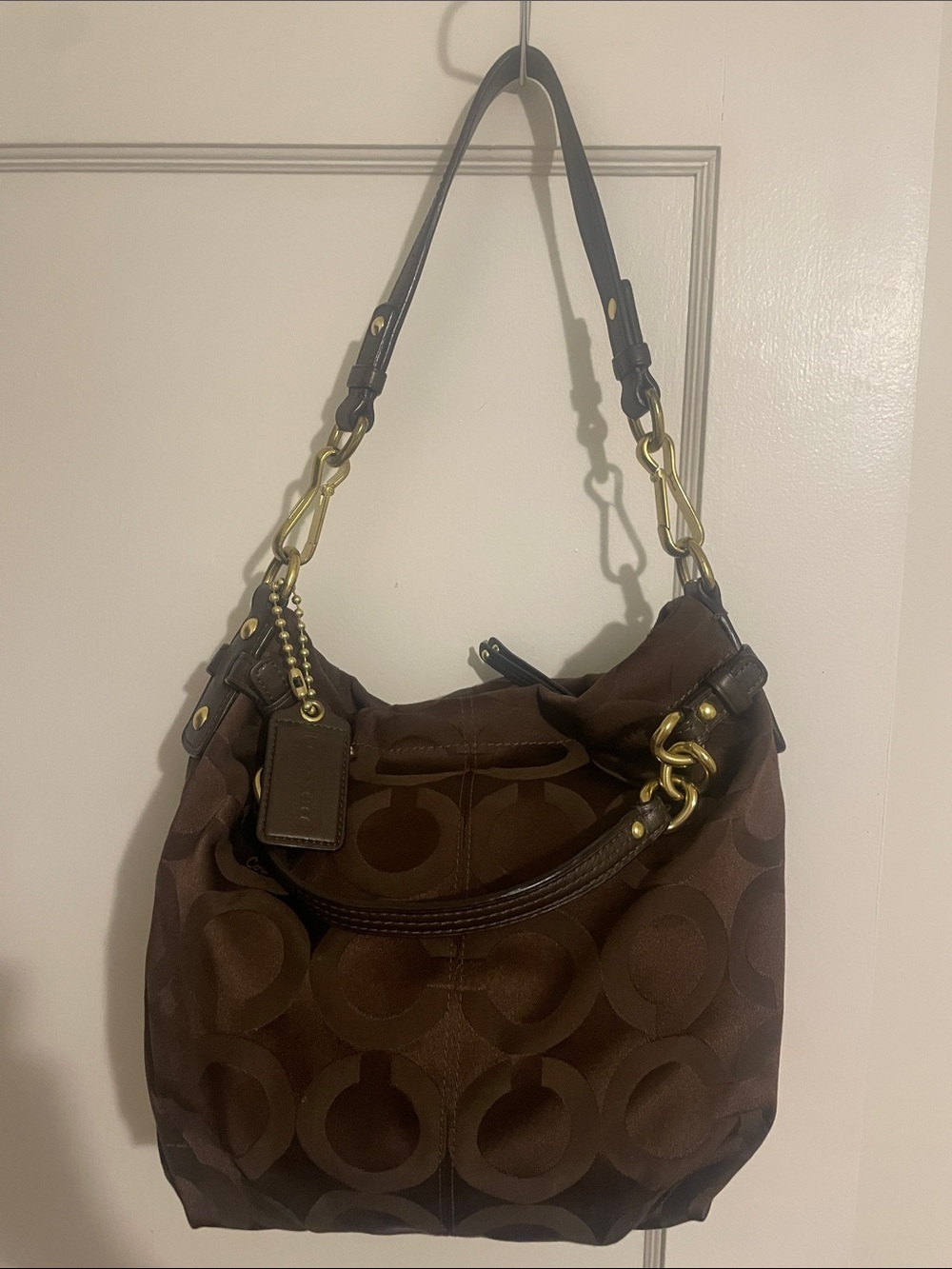 Coach Dark Brown Signature Shoulder Bag with Gold Hardware